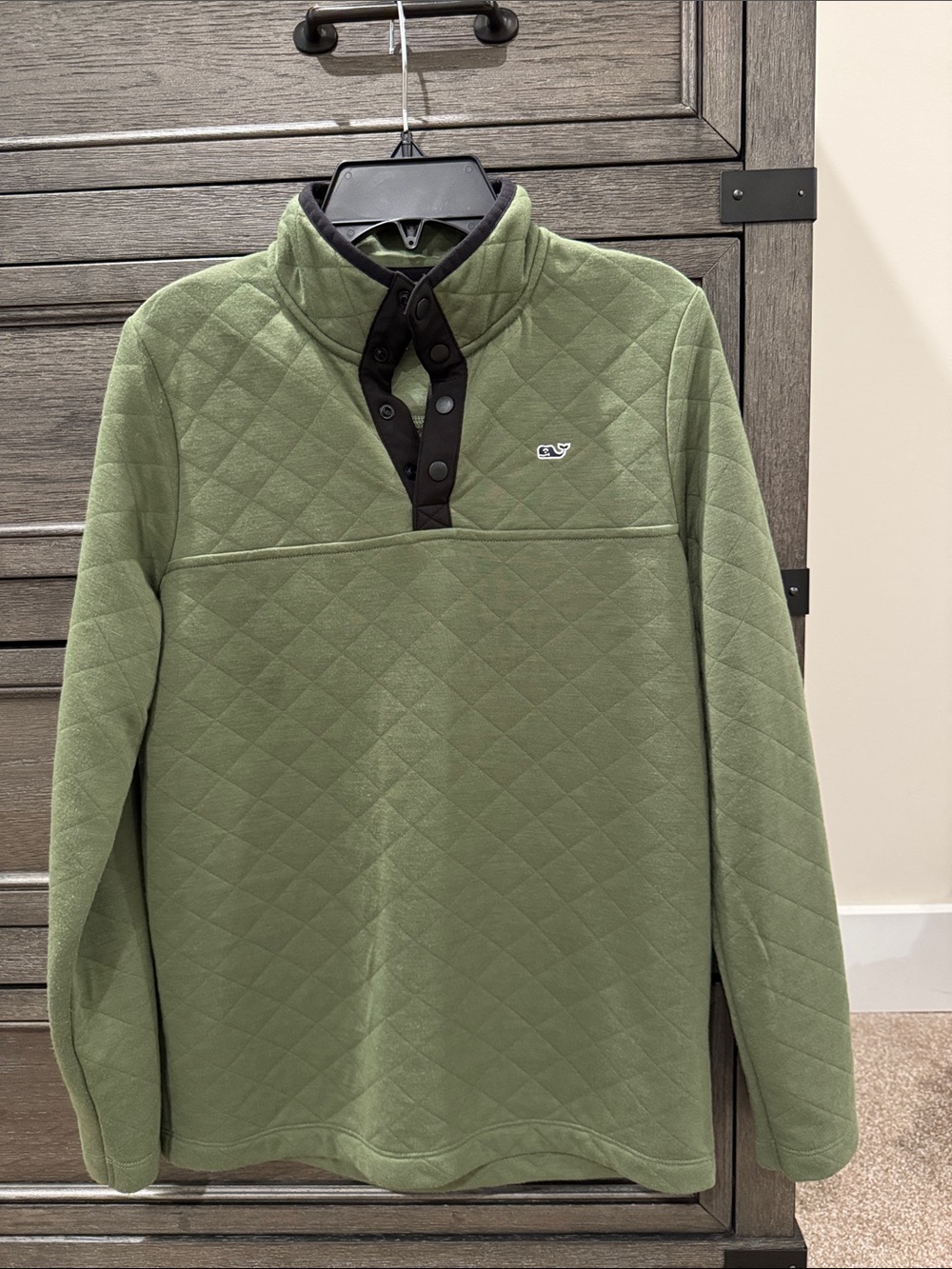Vineyard Vines Olive Quilted Fleece Snap-Placket Pullover with Black Trim
